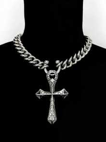 1件经典十字架朋克金属银色项链吊坠，适合派对、音乐节、日常佩戴、送礼 - 銀色 - 查看 3