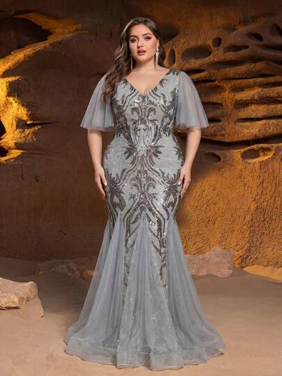 Faeriesty Plus Size Women's Deep V-Neck Sequin & Pearl Mesh Flare Sleeve Fitted Fishtail Hem Evening Dress, Suitable For Wedding Ceremony, Bridal Photoshoot, Formal Gala, Romantic Anniversary, Birthday Party And Other Occasions