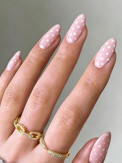 Instantly Upgrade Your Look With 24pcs Almond Shape Press On False Nails Fresh, Elegant, And Gentle Light Pink Solid Color White Polka Dot Pattern Press-On Nails Spring/Summer Fashion Pink Base Color Dot Design Press-On Nails Full Coverage Fake Nail Kit For Women And Girls Includes 1sheet Adhesive Tabs & 1pc Mini File Strip Jelly Gel Random Shipment