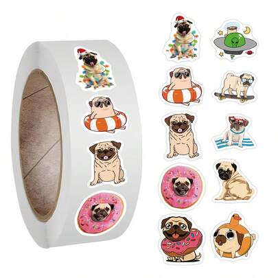 500PCS Cute Pug Dog Stickers Roll, For Water Bottles, Scrapbook, Journaling, Laptop, Etc. For Party Favors Birthday Decorate Sticker Roll, For Walls, Envelopes, Birthday And Greeting Cards