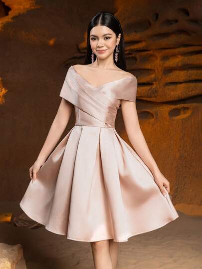  Alisa&Leo Satin Party Dress - Off-Shoulder Design With A-Line Ruffle Hem - Suitable For Attending Balls, Birthday Parties, School Dances And Family Gatherings