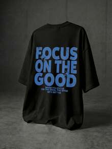 男士积极标语闪光图案T恤，休闲街头风励志印花T恤，黑色 - 黑色 - 查看 3