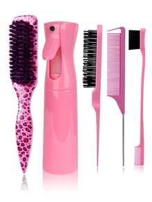 4件套尖尾胡须刷套装，男士复古造型油刷，喷雾瓶，胡须刷，用于打造光滑马尾辫和抚平碎发的后梳发刷，边缘控制 - 带宽尖尾的倒梳和蓬松发刷，用于分区和分缝 - 多色 - 查看 3