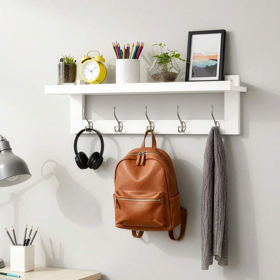 Wall-Mounted Coat Rack 74cm | White Entryway Rack With 5 Double Metal Hooks & Hanging Shelf For Bathroom, Bedroom, Kitchen, Living Room & Mudroom - White - View 1