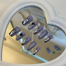 Taro Purple 2026 Handmade Press On Nails, Cute Cartoon Gesture Print Long Almond Nails, Removable Stylish Personality Fake Nails - Taro Purple - View 2