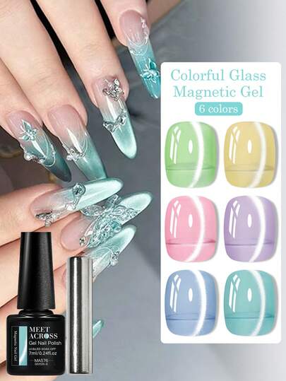 MEET ACROSS 6支装7毫升果冻玻璃猫眼凝胶指甲油套装，带磁棒，月光水晶超闪亮亮片猫眼磁性凝胶指甲油，半永久可卸UV凝胶指甲油，适合夏季美甲，美甲DIY，家用及美甲沙龙用品
