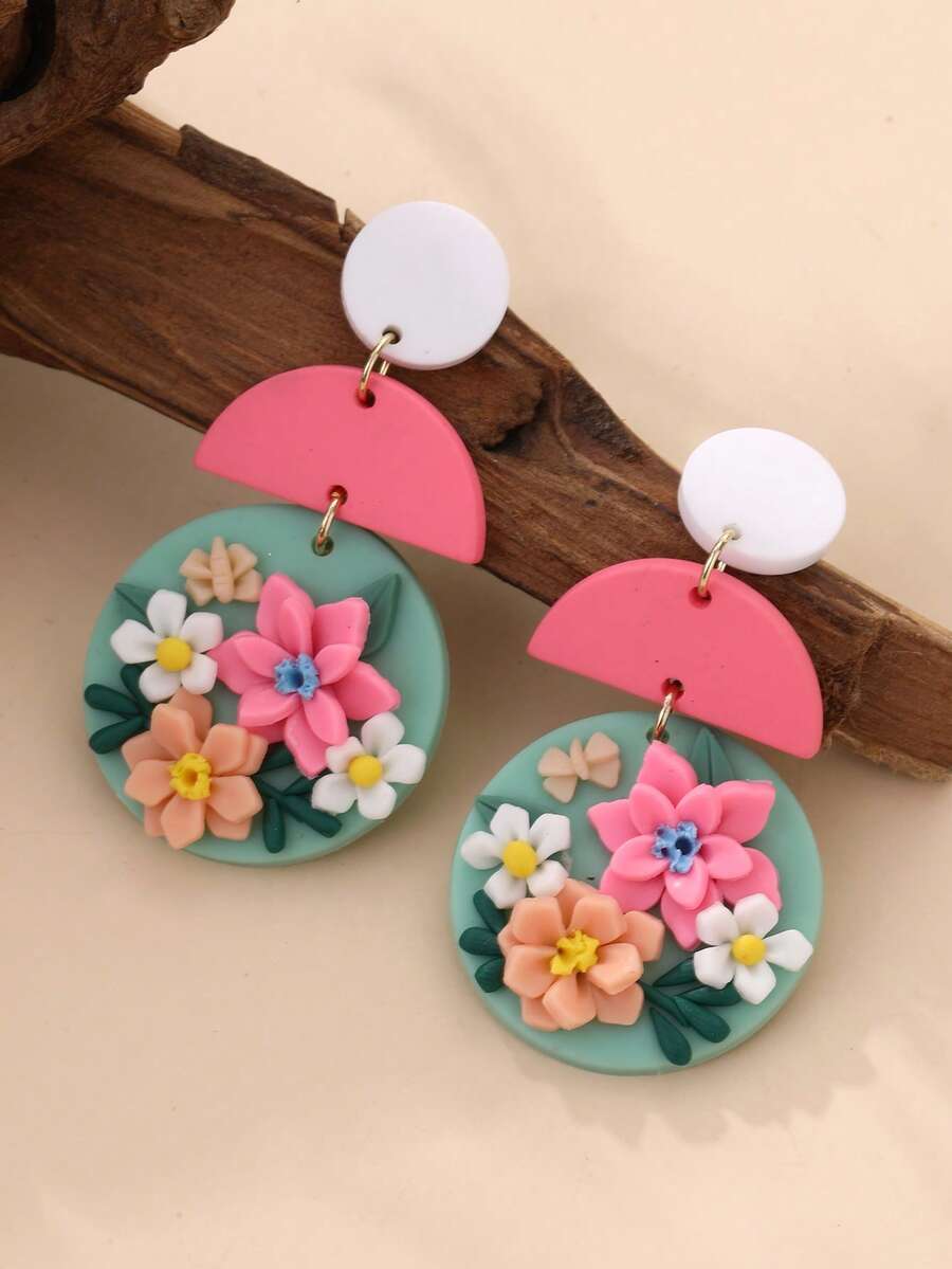 1 Paio di orecchini fatti a mano in argilla morbida con motivo floreale 3D colorato e naturalistico, alla moda e unici, adatti per feste, uso quotidiano e come regalo