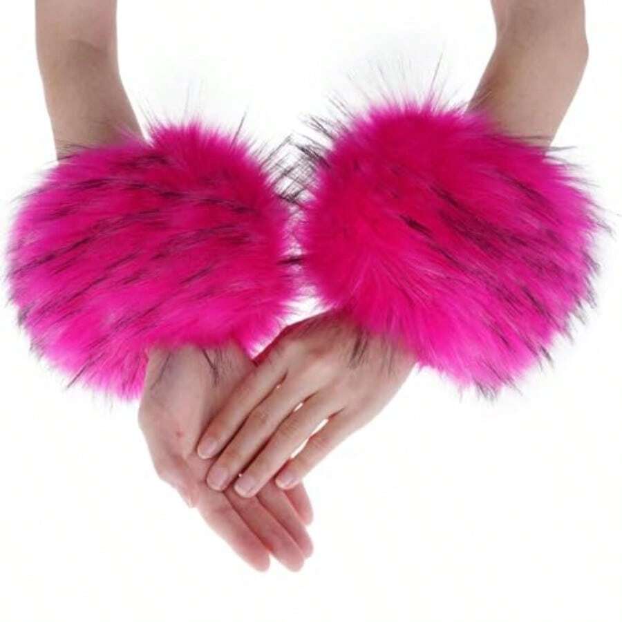Tongcloud Women's Faux Fur Wrist Cuffs Wrist Warmers Faux Fur Arm Cuffs Winter Warm Warmers For Women Party Costumes Gifts - 玫瑰紅 - 查看 1