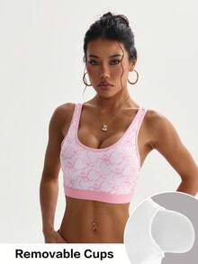 Women's Pink Bow Graphic Print Removable Padded Sports Bra With Backless Design - Pink - View 2