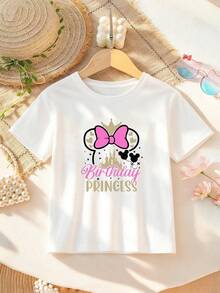 Disney Girls' Birthday Princess Graphic T-Shirt - Minnie Mouse Bow & Castle Print, Ages 2-14, Ideal For Theme Parks & Birthday Parties, Express Delivery - 白色 - 查看 2