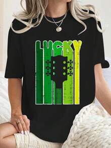St. Patrick's Day Guitar Shamrock Music Band Guitarist T-Shirt Summer Tops, Short Sleeve Round Neck Casual Top For Summer & Spring - 黑色 - 查看 6