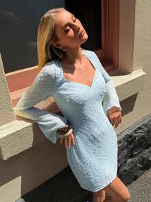 Women's Sweetheart Neckline Mini Dress With Sheer Long Sleeves And Fitted Silhouette For Day Date, Vacation Getaway, Weekend Brunch, Casual Going Out, Beach Vacation And Romantic Evening, Plain Spring Summer Outfits - Blue - View 1
