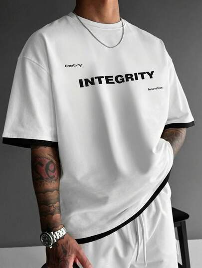 男士休闲时尚百搭通勤简约印花拼接圆领短袖T恤，夏季