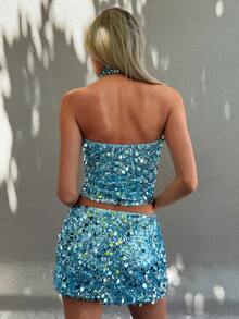 Women's Sexy Blue Sequin Mini Skirt, Shiny Sequin High Waist Skirt Suitable For Carnival, Music Festival, Party, Beach Party, Date Night, Summer Vacation, Hanging Out With Friends, Minimalist Spring/Summer Daily Wear - Blue - View 2