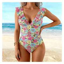 Floral One Piece Swimsuit Women High Cut Ruffle Swimwear Bathing Suit Padded Push Up Vintage Retro Swimsuits For Teens Girls - 多色537 - 查看 1