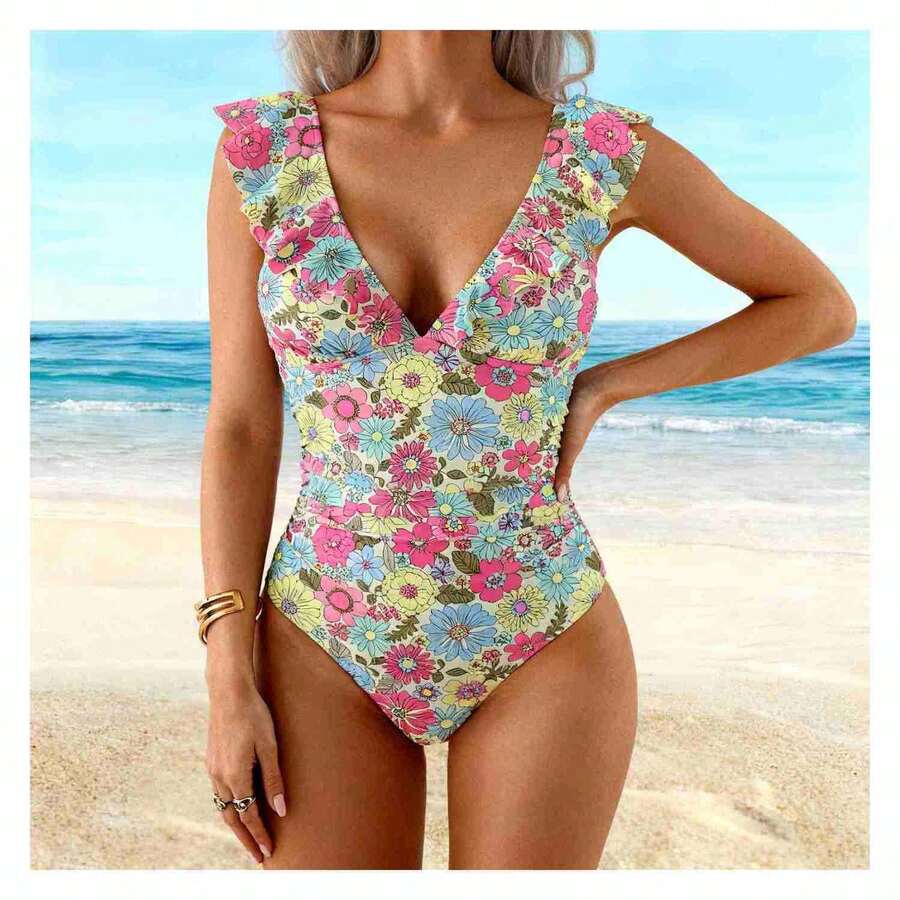 Floral One Piece Swimsuit Women High Cut Ruffle Swimwear Bathing Suit Padded Push Up Vintage Retro Swimsuits For Teens Girls - 多色537 - 查看 1