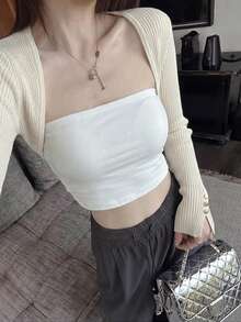 Chill Style Cropped Knit Cardigan, Women's Spring/Summer Shrug Bolero, New Arrival Long Sleeve Button Detail Top For Layering - Apricot - View 4