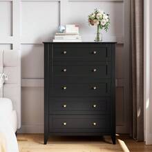 Meiyiu 5 Drawer Dresser For Bedroom, Tall Dresser With Deep Drawers & Metal Knobs, Modern Wooden Chests Of Drawers For Entryway, Hallway - 黑色 - 查看 6