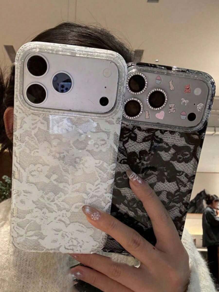 Elegant Romantic Lace Floral Print Glitter Transparent Soft Phone Case, Compatible With IPhone 17 Pro Max, 17 Pro, 17, 16 Pro Max, 16 Pro, 16, 15 Pro Max, 15 Pro, 15, 14 Pro Max, 14 Pro, 14, 13 Pro Max, 13 Pro, 13, 12 Pro Max, 12 Pro, 12, 11, Creative Fashion Transparent Soft Shell, Glossy Jelly Material, Shock-Proof Protective Cover - 黑色蕾絲 - 查看 1