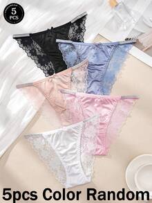 5pcs/Set Women's Sexy Elegant Lace Panties, Floral Lace Patchwork Bikini Briefs, Cute Bow Waist Sequin Design Black Panties, Black Romantic Daily Women's Bikini Briefs - 彩色 - 查看 11
