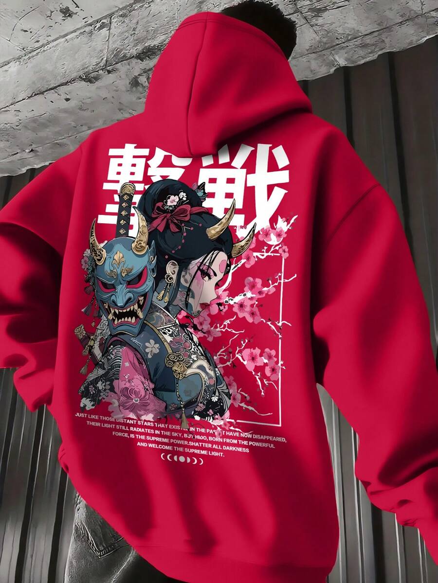 Áo hoodie nam phong cách thường ngày, thời trang đường phố, in hình nhân vật hoạt hình Nhật Bản, khẩu hiệu, có túi kangaroo và dây rút, thích hợp cho mùa Thu/Đông. - Đỏ - Xem 1