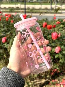 1个475毫升/16盎司心形蝴蝶结塑料水瓶，带盖和吸管；透明梅森罐，蝴蝶印花；可爱冰咖啡/牛奶饮料杯，女士适用 - 彩色 - 查看 4