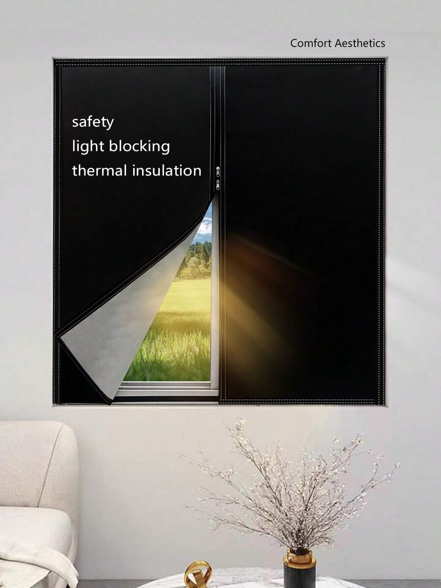 1pc Blackout Curtain, Self-Adhesive Zipper Design, No Drilling Required, Sunshade & Heat Insulation Fabric, Suitable For Bedroom, Basement, Kitchen, All Seasons - Black - View 1