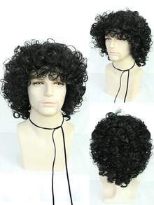 70s And 80s Men's Medium To Long Black Curly Hair Wig, With Beard Glasses, Rock Carnival Costume, Cosplay, And Curly Hair Wig - Black - View 4