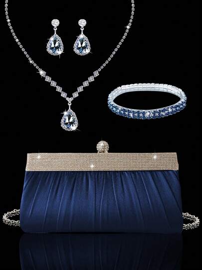 Bolso de mano de noche con strass de lujo, elegante bolso de fiesta con cadena para damas, conjunto de joyas con strass que incluye collar, aretes y pulsera, bolso de hombro con cadena de metal desmontable para fiestas, cenas, reuniones y bailes de graduación