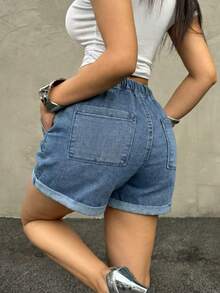 Women's Lightweight Summer Denim Shorts, Casual Loose Drawstring Elastic Waist, Cuffed Hem, Comfortable Vacation Denim Style - Blue - View 5