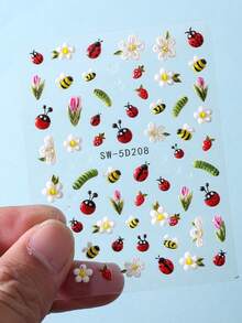 Set de 2 pegatinas de arte de uñas 5D estereoscópicas con abeja, mariquita, margarita, tulipán, hoja verde y enredadera, decoración de uñas DIY para primavera/verano - Multicolor - Ver 10