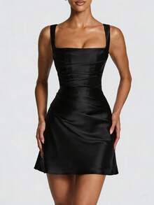 Women's Black Spaghetti Strap Mini Dress, Pleated Satin Bodycon Cocktail Party Dress For Nightclub - Black - View 5