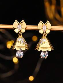 1 Pair Luxurious Jhumka Copper Zirconia Butterfly Earrings, Golden Fashion Creative Bell Teardrop Rhinestone Cute Jhumki Earrings, Suitable For Girls, Women's Daily, Festival, Wedding And Party Wear/Jewelry Gift - Classic - View 2