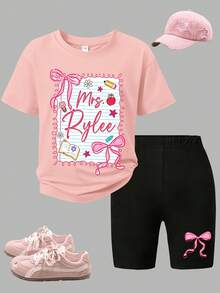 1 Set Mädchen T-Shirt und Shorts, lässiger Street-Style, modisches Outfit, geeignet für Schule, Urlaub und Alltagstragen, Frühling/Sommer Neues Outdoor-Set - Pink - Übersicht 2