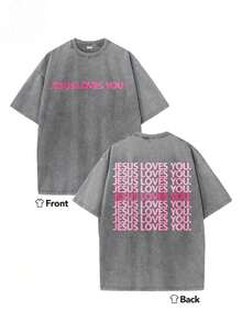 Summer Tops2026Heavyweight Washed T-Shirt - Jesus Loves You Religious Graphic T-Shirt, Pink-Green Background With Pink Letter Double-Sided Print - Chr - 灰色 - 查看 9
