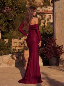 ADYCE Vestido de Dama de Honra Elegante e Dignificado com Manga Longa, Cintura Marcada, Ajustado ao Corpo, Fenda Alta e Cauda, Vestido de Noiva, Vestido de Formatura, Vestido de Festa de Recepção, Vestido de Convidado de Casamento, Festa Formal - Vinho - Visão 2