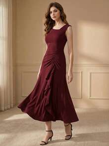 Elegant Asymmetrical Neck Wedding Guest Dress Women For Wedding Semi Formal Dress Prom Dress - Burgundy - View 4