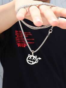 Collar de acero de titanio plateado minimalista "Gato Diablo" | Accesorio versátil unisex estilo "Baddie" Y2K | Regalo de pareja - Plateado - Ver 3