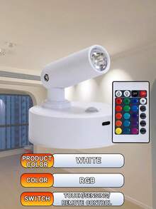 LED充电壁灯，磁吸式聚光灯，遥控调光，黑白两色可选，床头阅读灯，无线免打孔，360°旋转触控，内置2000mAh锂电池，非防水ABS塑料材质。 - 旋轉射燈 - 查看 18