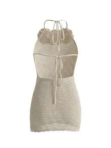 ii Vestido de playa informal con cuello de corbata, decoración floral calada, para vacaciones de verano - Albaricoque - Ver 9