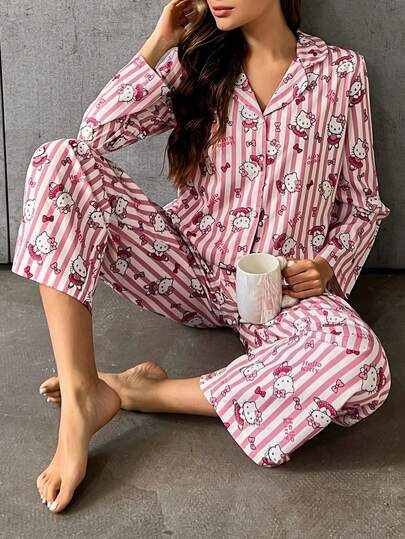 SANRIO 2pcs HELLO KITTY Women's Printed Button-Front Long Sleeve Sleepwear + Elastic Waist Pants Cute Pajama Set