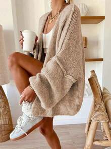 Women's Loose-Fit Plain Sweater, Casual Fall & Winter Knitwear, Lantern Sleeve Design, Moderate Fabric Thickness, Comfortable Daily Wear - 卡其色 - 查看 2