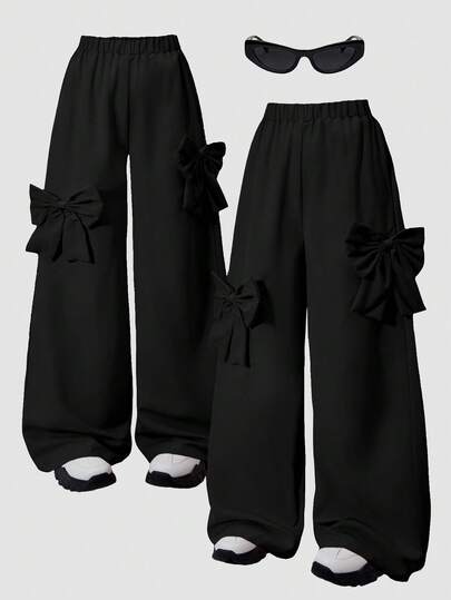 Fashionable And Sweet Girl Casual Simple Bow Pink Wide Leg Pants, Suitable For Outdoor, Party, Campus And Daily Wear Of Girls In Spring And Autumn
