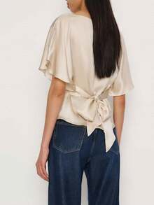 Awevudst Womens Satin Tops Crew Neck Batwing Short Sleeve Tie Back Solid Color Silk Shirts Slim Dressy Casual Summer Blouses - 香檳色 - 查看 3