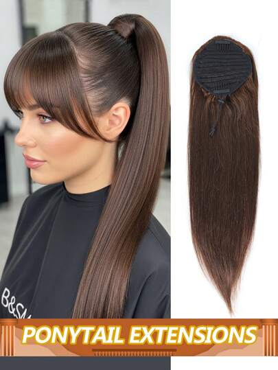 Tóc giả đuôi ngựa thẳng, làm từ tóc thật, kiểu Remy, dành cho nữ, màu tự nhiên, chất liệu lông cừu Brazil, dạng kẹp, màu nâu.