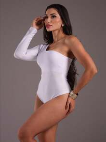 J.A.B.I Modas Women's Long Sleeve One Shoulder Bodysuit - Putih - View 3