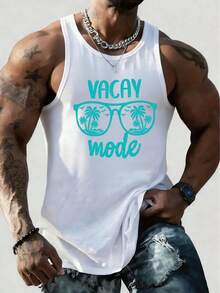 Men's Summer Letter & Palm Tree Printed Round Neck Casual Tank Top - White - View 2