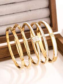 5 peças/conjunto ou 1 peça Bracelete Dourado de Aço Inoxidável, Design de Moda Clássico, Bracelete de Aço Inoxidável com Zircônia, Adequado para Uso Diário de Mulheres - Ouro amarelo - Visão 1