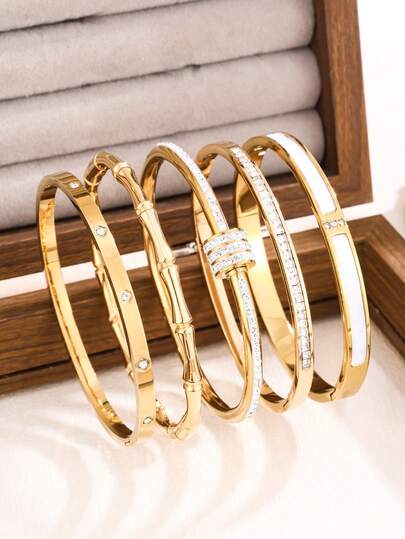 5pcs/Set Or 1pc Stainless Steel Gold Bangle, Classic Fashion Design, Stainless Steel Bracelet With Zirconia, Suitable For Women's Daily Wear