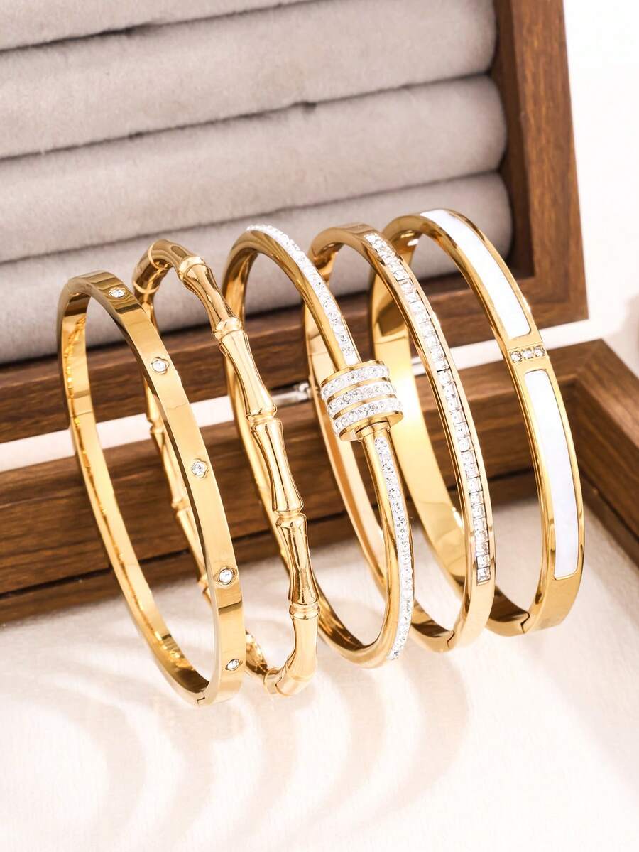 5 peças/conjunto ou 1 peça Bracelete Dourado de Aço Inoxidável, Design de Moda Clássico, Bracelete de Aço Inoxidável com Zircônia, Adequado para Uso Diário de Mulheres - Ouro amarelo - Visão 1